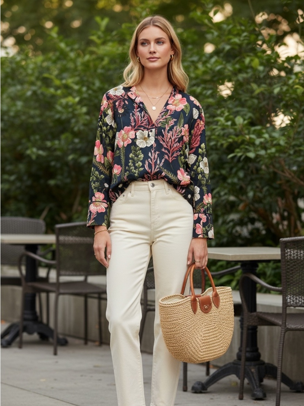 H&M Botanical Floral Print Blouse Women’s Size 6 Navy Long Sleeve Split Neck Top